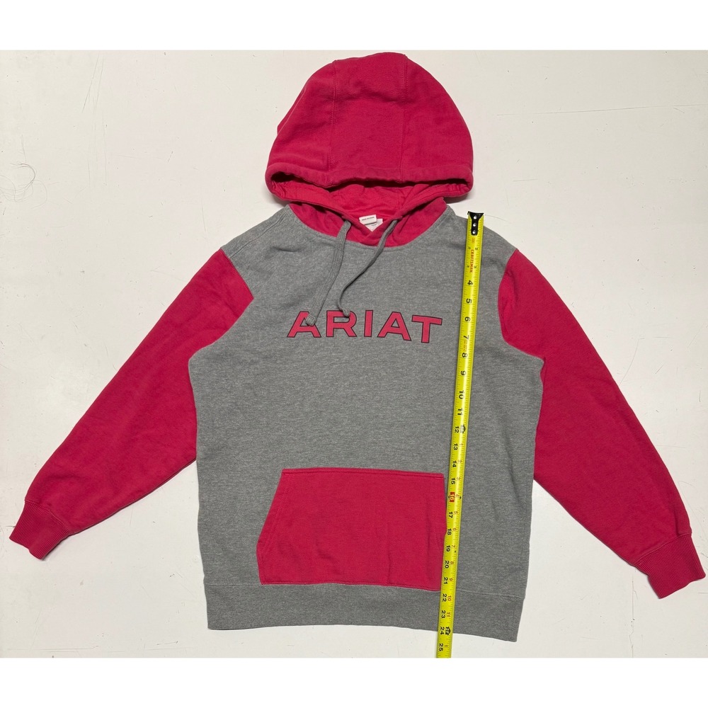 Ariat Womens Colorblock Hoodie Grey Pink Logo Fleece Pullover Sweatshirt Medium